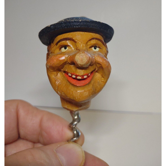 ANRI Hand Carved And Painted Corkscrew Smiling Man Barware Vintage Bar Tool - Picture 3 of 7